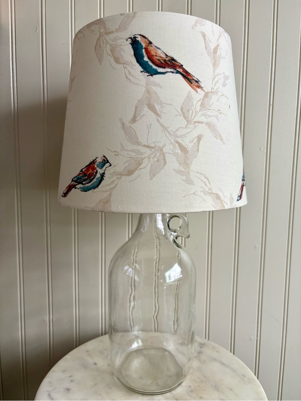 Glass Bottle Jug Table Lamp Birds & Leaves Drum Shade Upcycled Country Farmhouse - Picture 3 of 14